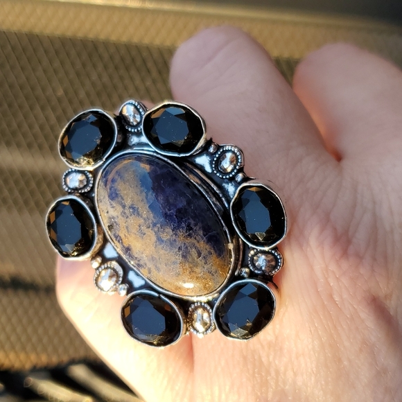 New Oversized Sodalite & Black Spinnel 925 Silver Statement Ring. - Picture 13 of 16